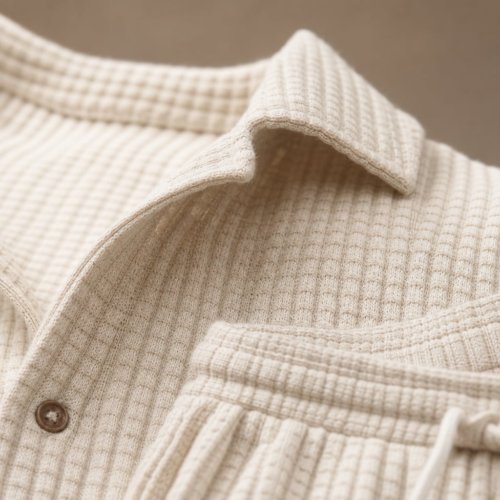 Mens Short Sleeve Waffle Knit Lounge Set Button Shirt Drawstring Shorts Beige – Fabric and Detail Close-Up