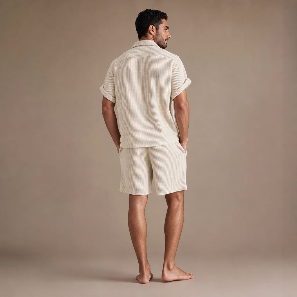 Mens Short Sleeve Waffle Knit Lounge Set Button Shirt Drawstring Shorts Beige – Full Look