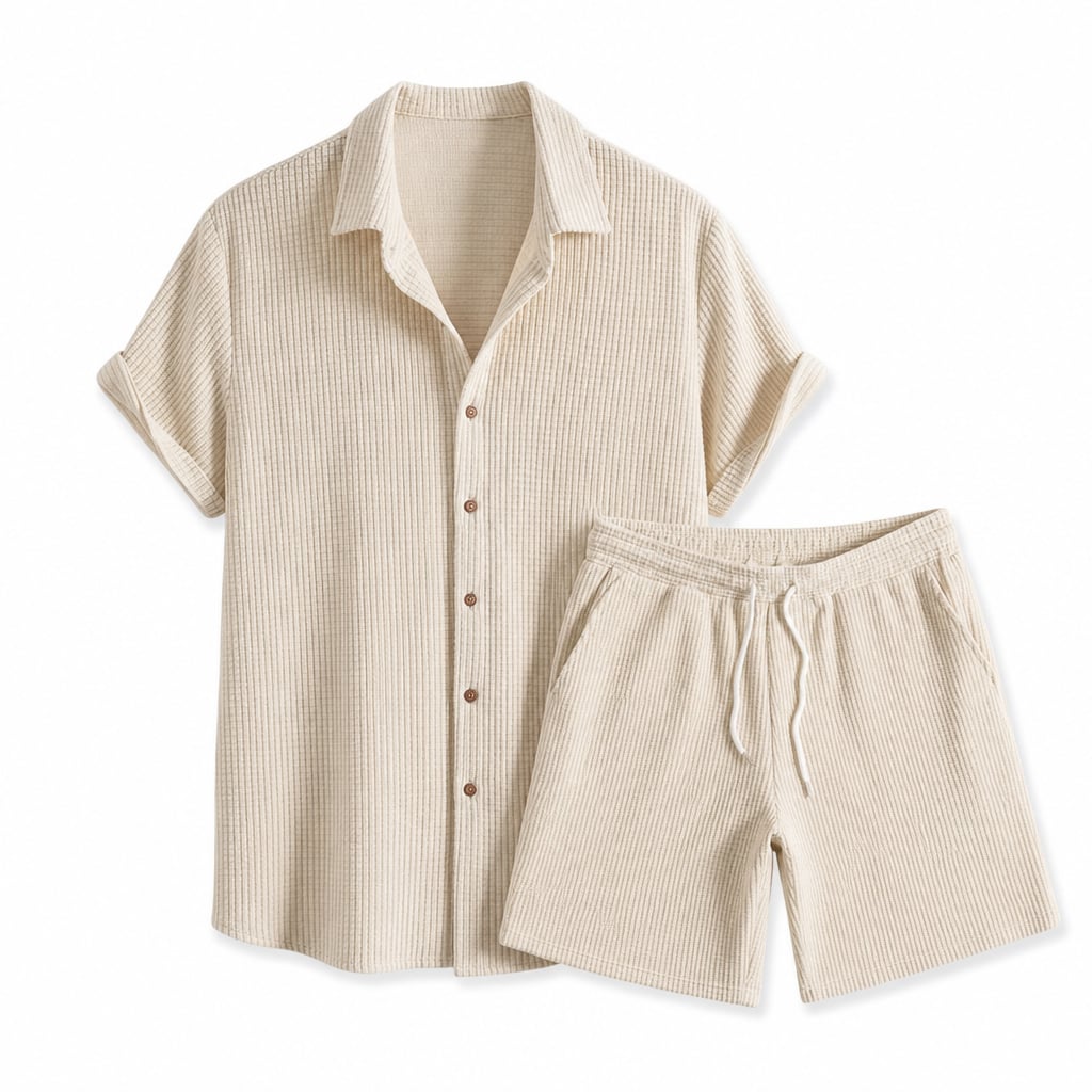 Mens Short Sleeve Waffle Knit Lounge Set Button Shirt Drawstring Shorts Beige – Product Photo