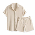 Mens Short Sleeve Waffle Knit Lounge Set Button Shirt Drawstring Shorts Beige – Product Photo
