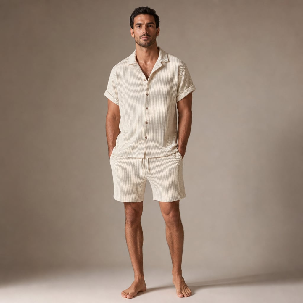Mens Short Sleeve Waffle Knit Lounge Set Button Shirt Drawstring Shorts in Beige – Tarlano Premium Menswear