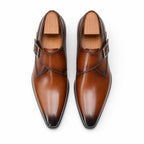 Men's Single Monk Strap Dress Shoe Almond Toe Buckle Detail Brown – Side Angle View