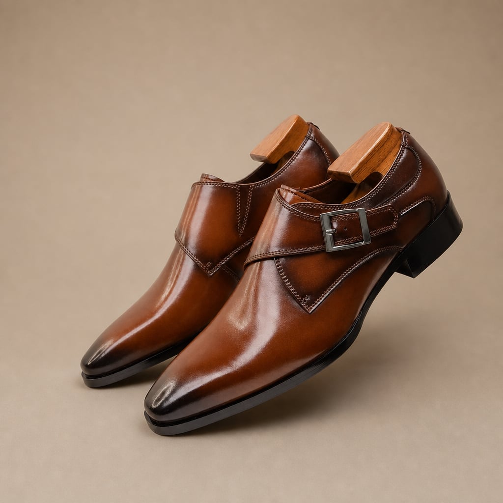 Men's Single Monk Strap Dress Shoe Almond Toe Buckle Detail in Brown – Tarlano Premium Menswear
