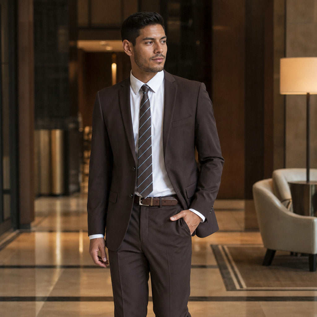 Men's Slim Fit Two-Button Suit Notch Lapel Brown Brown – Styled Editorial Shot