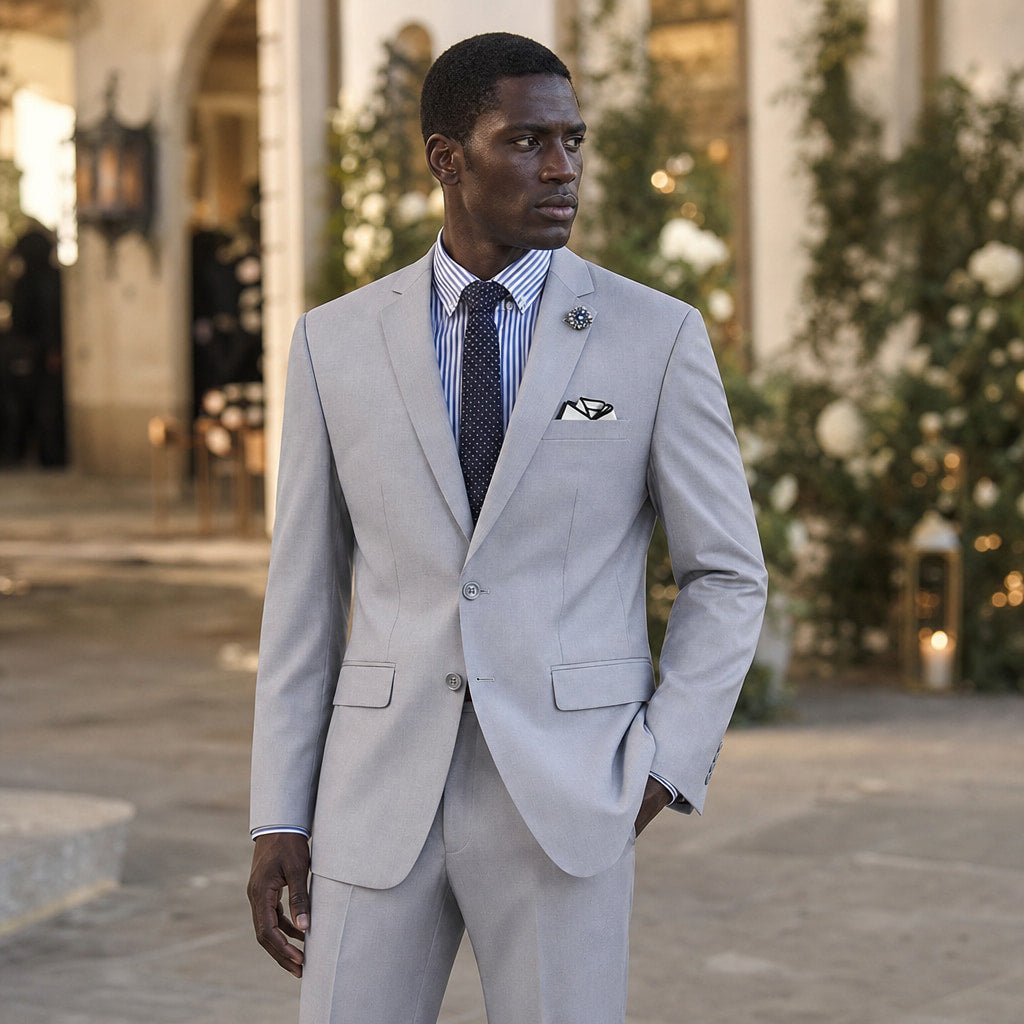 Mens Suit 2-Button Notch Lapel Modern Fit Light Grey Light Grey – Styled Editorial Shot