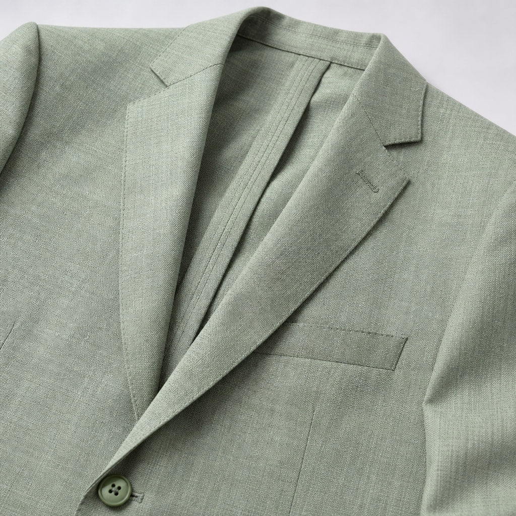 Men's Three-Piece Sharkskin Suit Modern Fit Two-Button Vested Moss Green Green – Fabric and Detail Close-Up