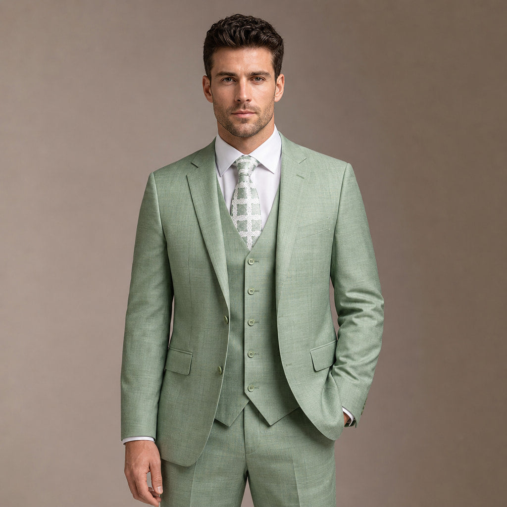 Men's Three-Piece Sharkskin Suit Modern Fit Two-Button Vested Moss Green Green – Full Look