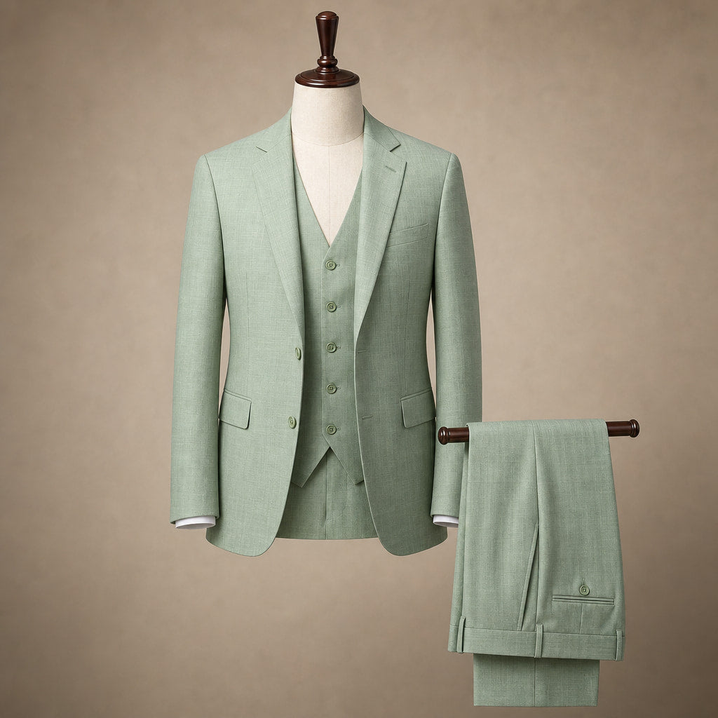 Men's Three-Piece Sharkskin Suit Modern Fit Two-Button Vested Moss Green Green – Product Photo