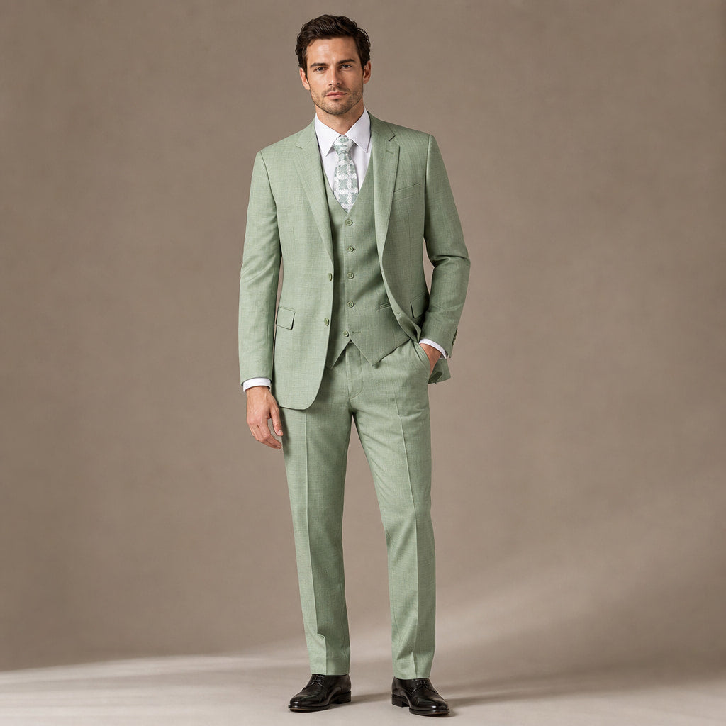 Men's Three-Piece Sharkskin Suit Modern Fit Two-Button Vested Moss Green in Green – Tarlano Premium Menswear