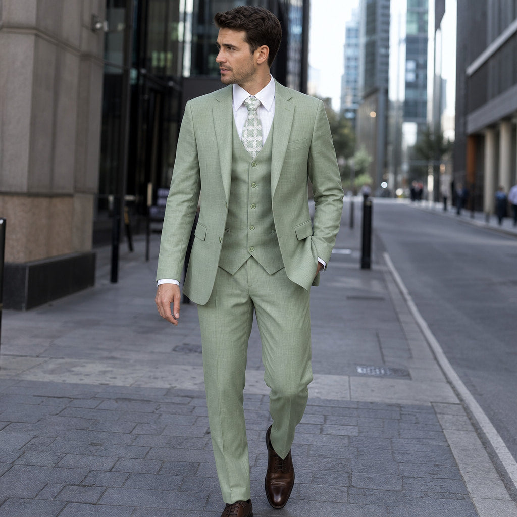 Men's Three-Piece Sharkskin Suit Modern Fit Two-Button Vested Moss Green Green – Styled Editorial Shot