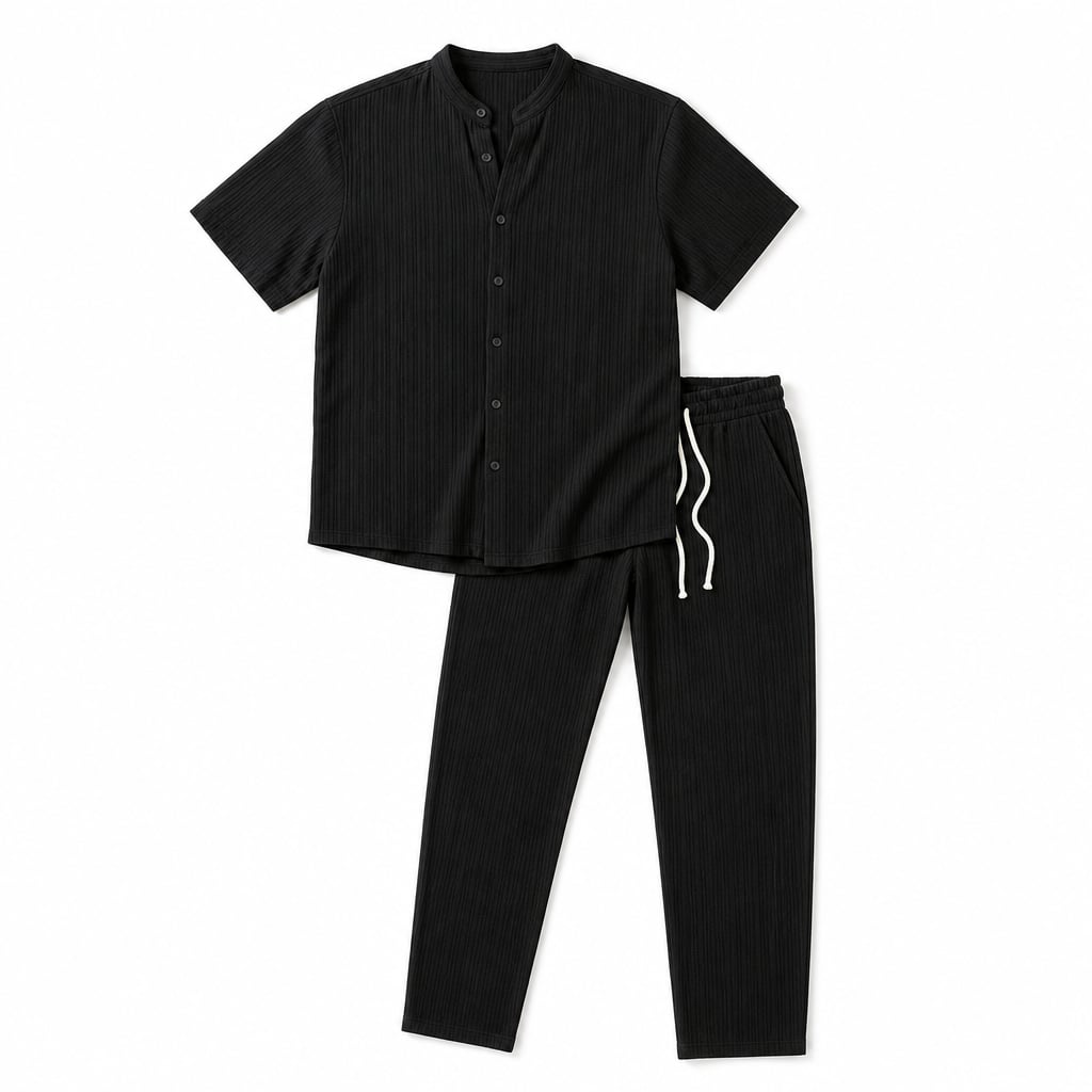 Mens Trouser and Shirt Set Band Collar Crinkle Weave Co-Ord Black – Product Photo