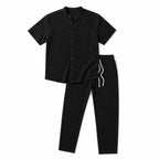 Mens Trouser and Shirt Set Band Collar Crinkle Weave Co-Ord Black – Product Photo