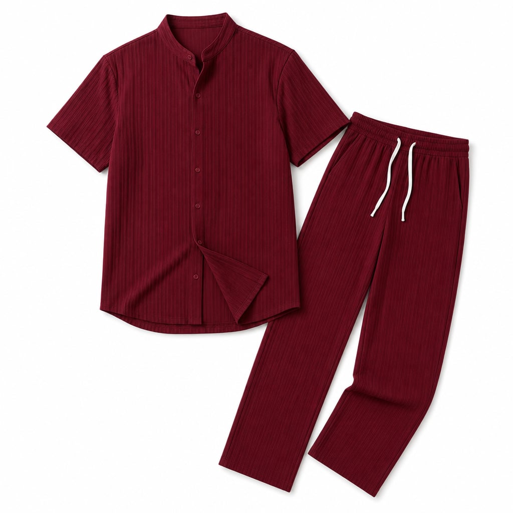 Mens Trouser and Shirt Set Band Collar Crinkle Weave Co-Ord Burgundy – Product Photo