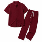 Mens Trouser and Shirt Set Band Collar Crinkle Weave Co-Ord Burgundy – Product Photo