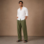 Mens Trouser Linen Cotton Relaxed Fit Summer Pants Green – Side Angle View