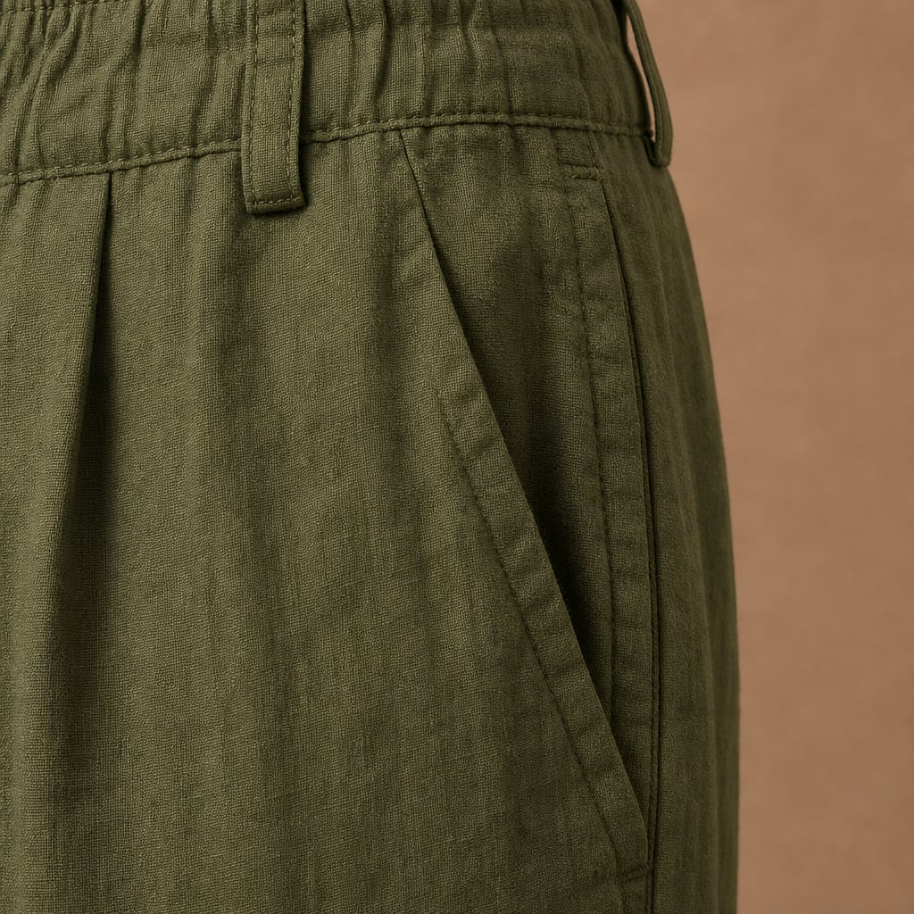 Mens Trouser Linen Cotton Relaxed Fit Summer Pants Green – Fabric and Detail Close-Up