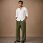 Mens Trouser Linen Cotton Relaxed Fit Summer Pants in Green – Tarlano Premium Menswear