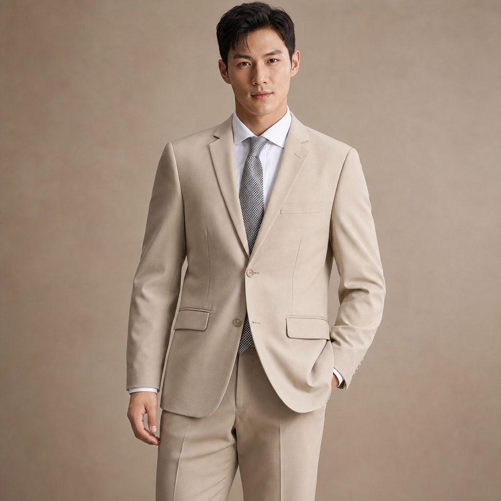 Men's Two-Button Classic Fit Suit Polyester Viscose Blend Tan Tan – Full Look