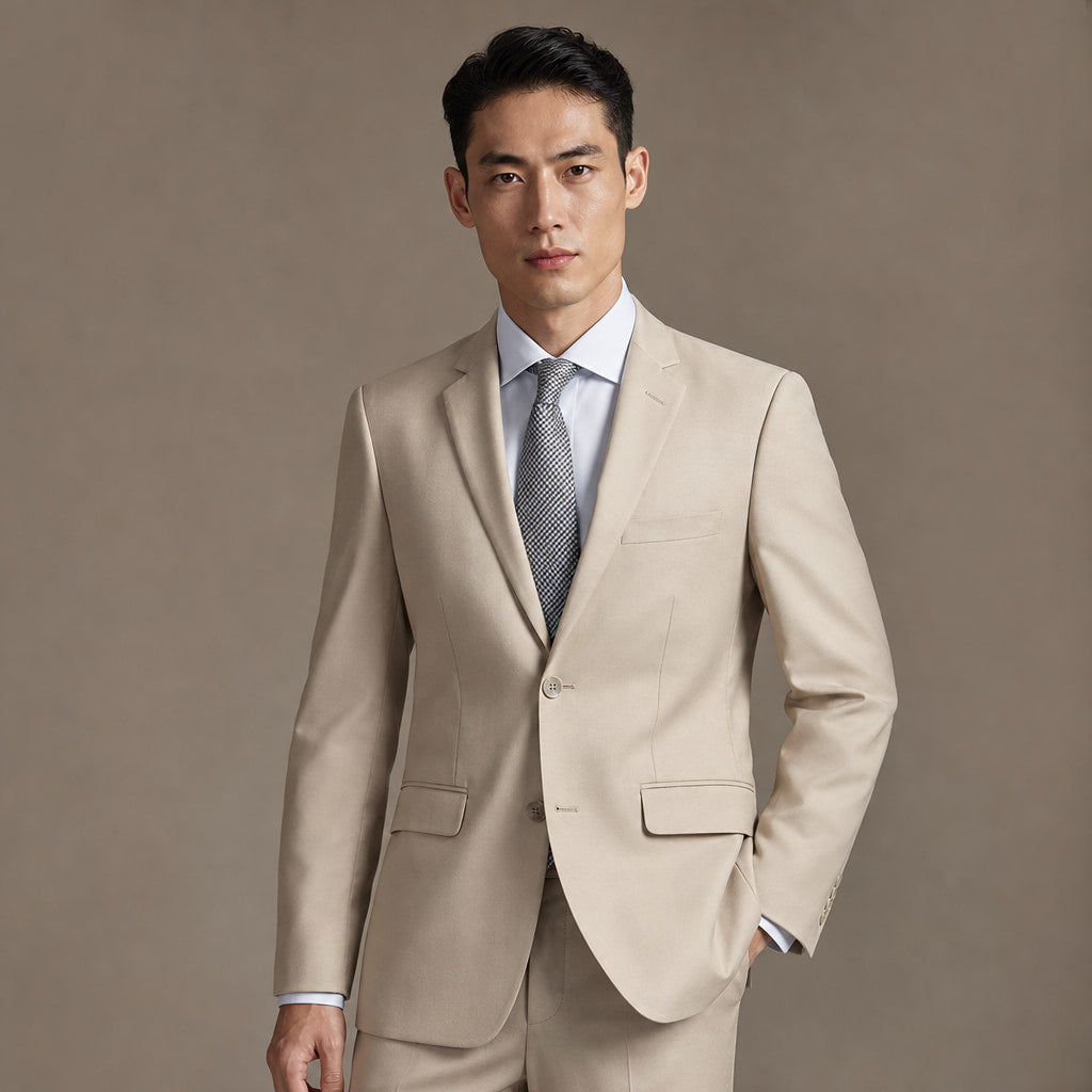 Men's Two-Button Classic Fit Suit Polyester Viscose Blend Tan Tan – Full Look