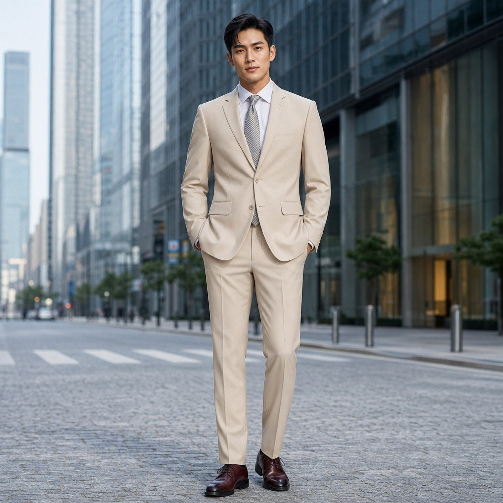 Men's Two-Button Classic Fit Suit Polyester Viscose Blend Tan Tan – Styled Editorial Shot