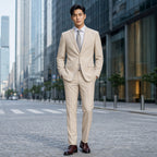 Men's Two-Button Classic Fit Suit Polyester Viscose Blend Tan Tan – Styled Editorial Shot