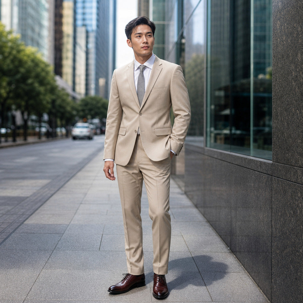 Men's Two-Button Classic Fit Suit Polyester Viscose Blend Tan Tan – Styled Editorial Shot