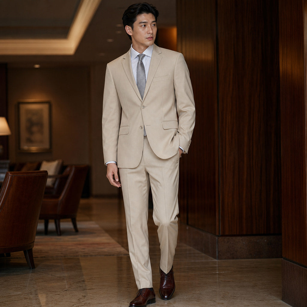Men's Two-Button Classic Fit Suit Polyester Viscose Blend Tan Tan – Styled Editorial Shot