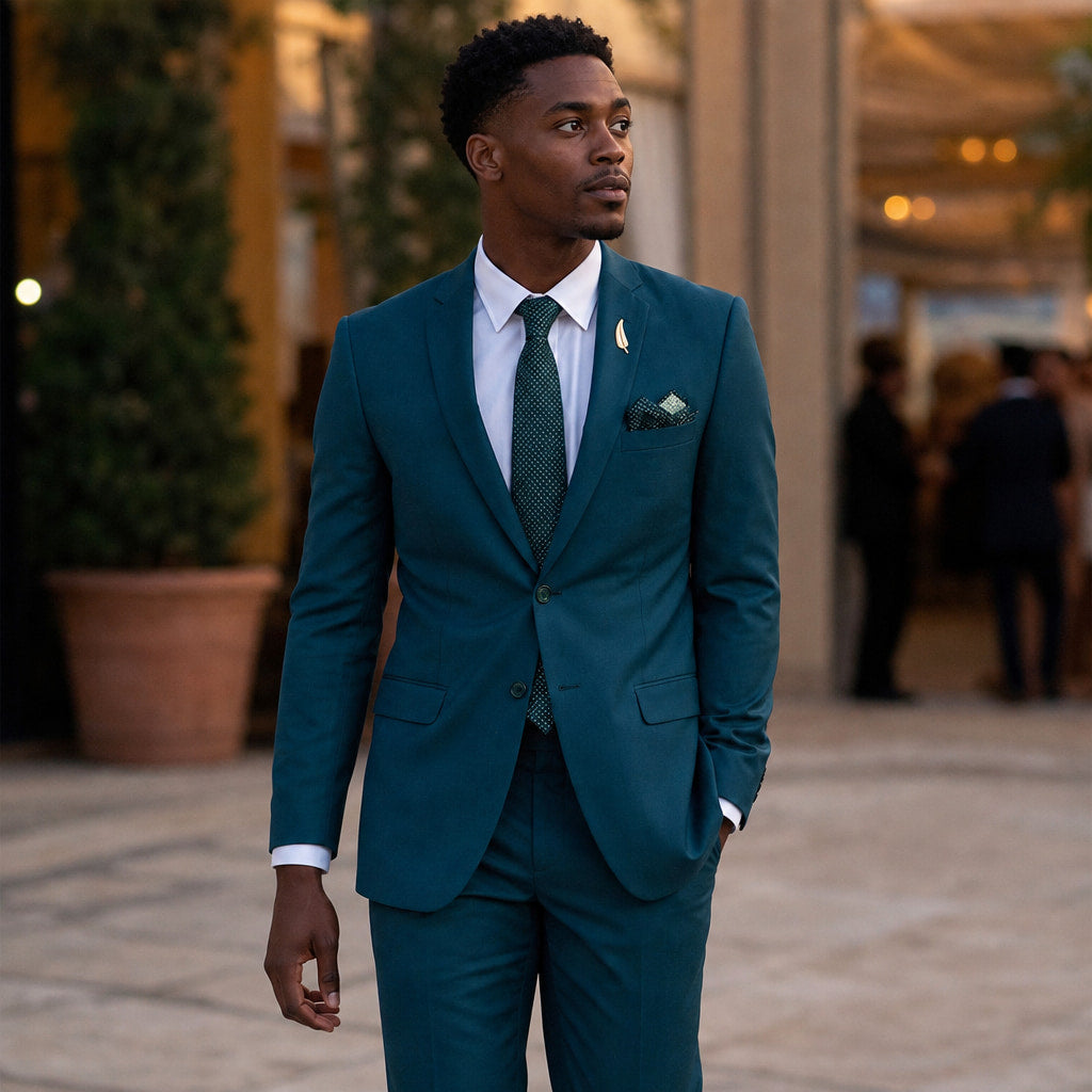 Men's Two-Button Slim Fit Suit Notch Lapel Teal Green Tidepool – Styled Editorial Shot