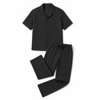Men's Two-Piece Set Textured Stripe Shirt and Drawstring Trousers Black – Product Photo