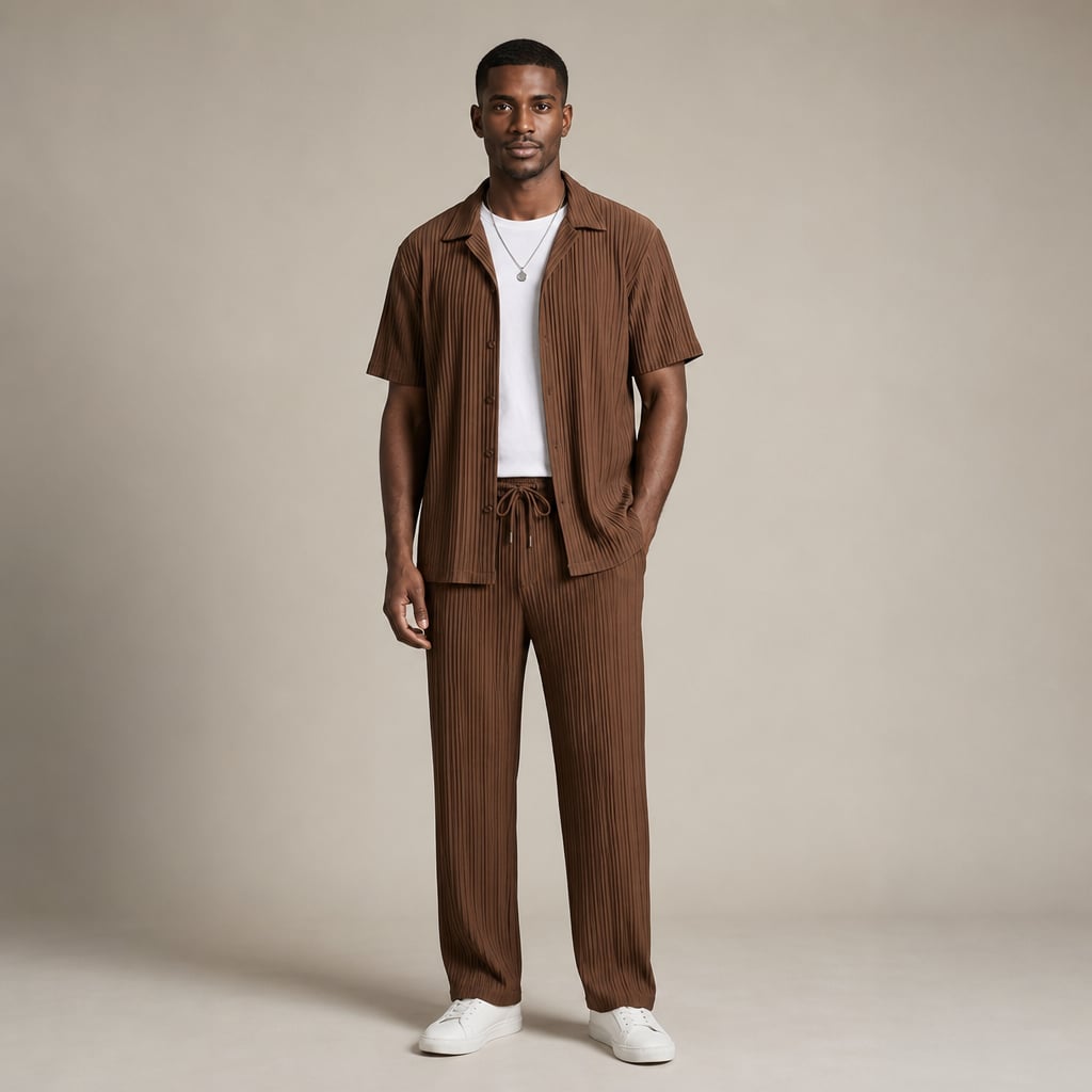 Men's Two-Piece Set Textured Stripe Shirt and Drawstring Trousers in Brown – Tarlano Premium Menswear