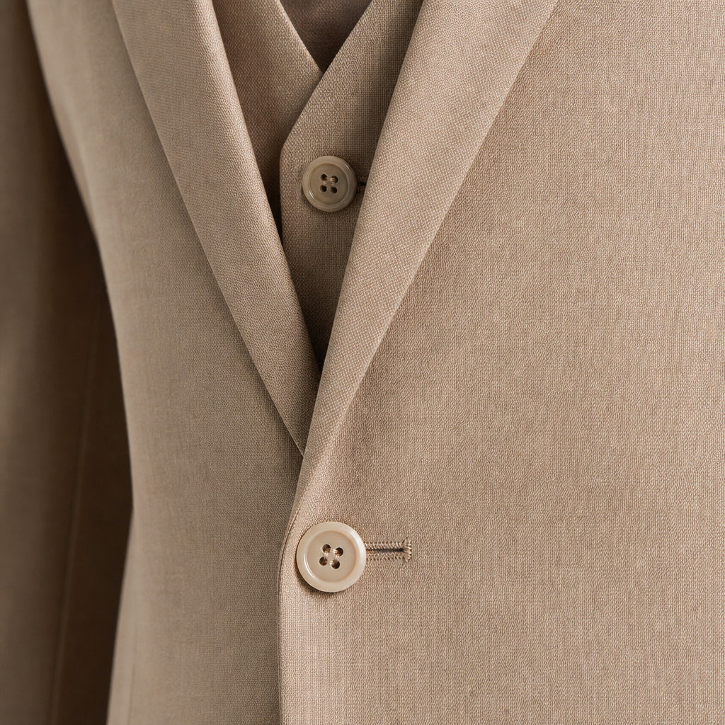 Men's Two-Piece Vested Suit Notch Lapel Two-Button Hybrid Fit Tan Tan – Fabric and Detail Close-Up