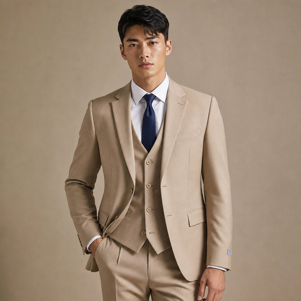 Men's Two-Piece Vested Suit Notch Lapel Two-Button Hybrid Fit Tan Tan – Full Look