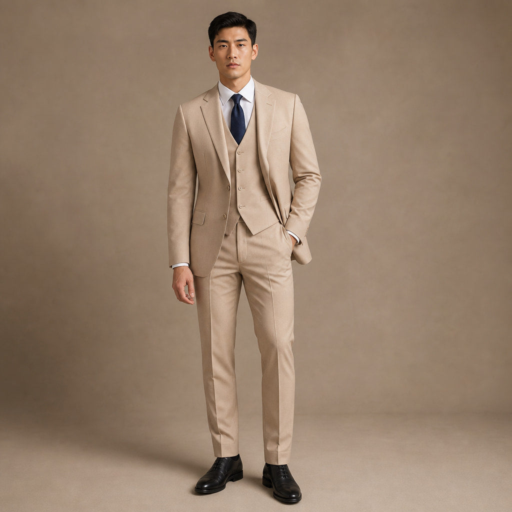 Men's Two-Piece Vested Suit Notch Lapel Two-Button Hybrid Fit Tan in Tan – Tarlano Premium Menswear