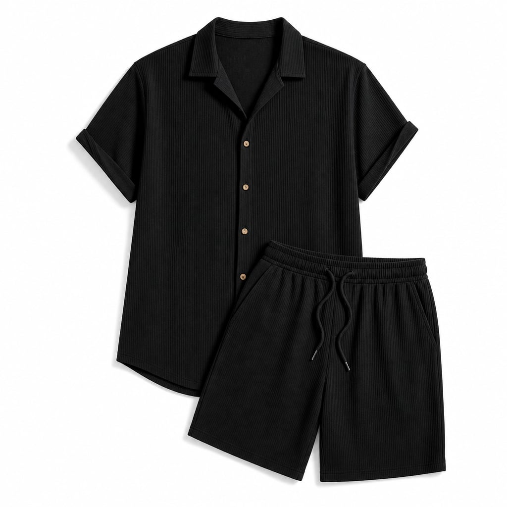 Men's Woven Camp Collar Shirt and Drawstring Shorts Set Black – Product Photo