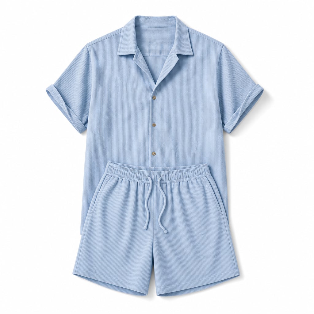 Men's Woven Camp Collar Shirt and Drawstring Shorts Set Blue – Product Photo