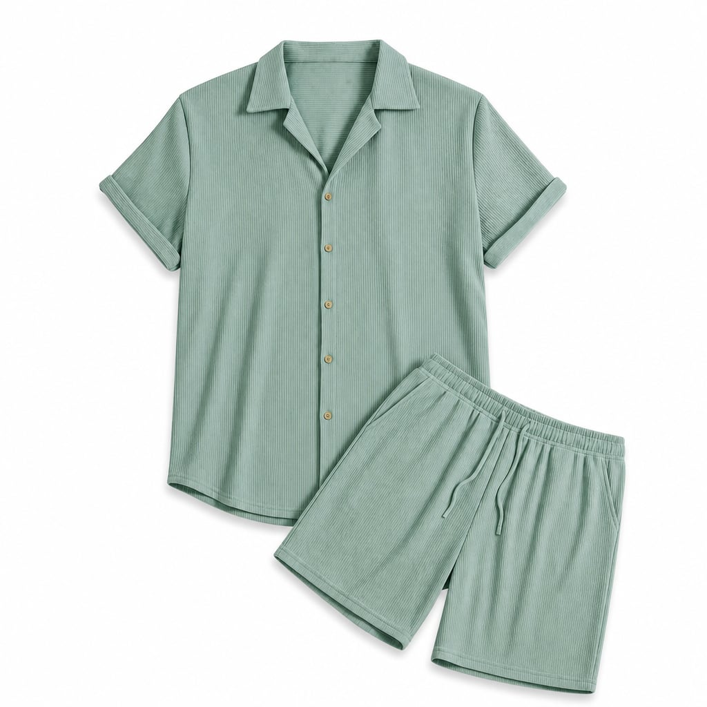 Men's Woven Camp Collar Shirt and Drawstring Shorts Set Green – Product Photo