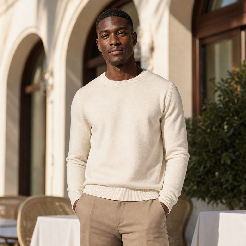 Merano Wool-Cashmere Crewneck Champagne – Styled Editorial Shot