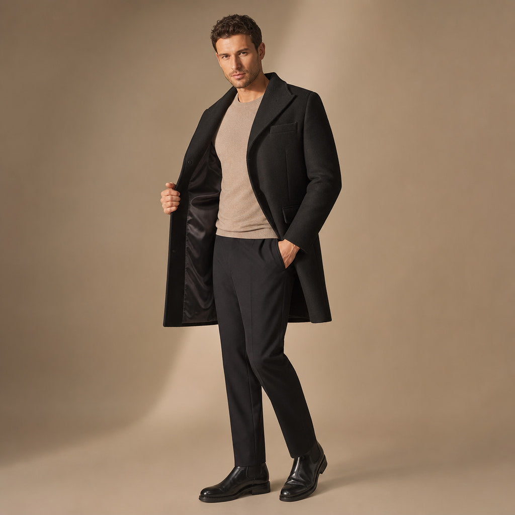 Moonlight Black Single-Breasted Wool Coat For Men Black – Side Angle View