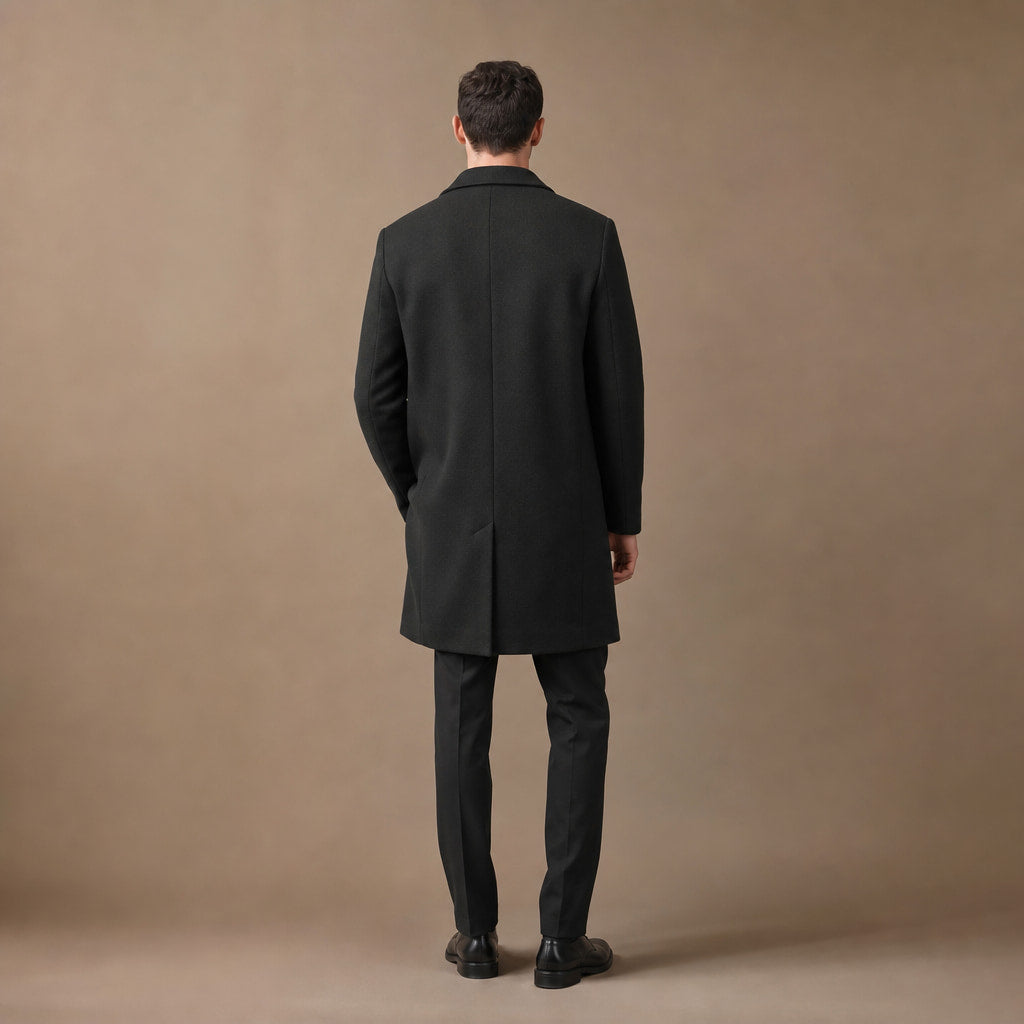 Moonlight Black Single-Breasted Wool Coat For Men Black – Full Look
