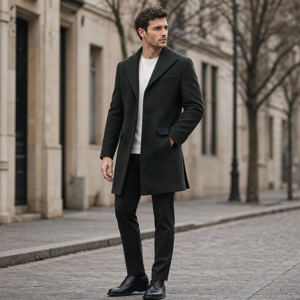 Moonlight Black Single-Breasted Wool Coat For Men Black – Styled Editorial Shot