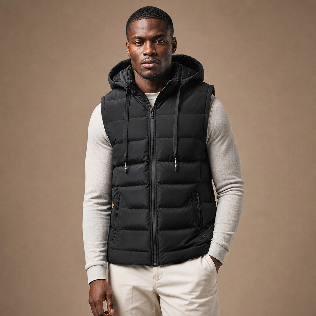 Insulated Vest Detachable Hood Black – Product Photo