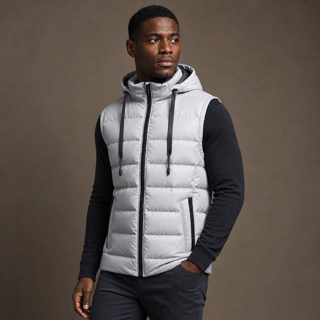 Insulated Vest Detachable Hood White – Side Angle View
