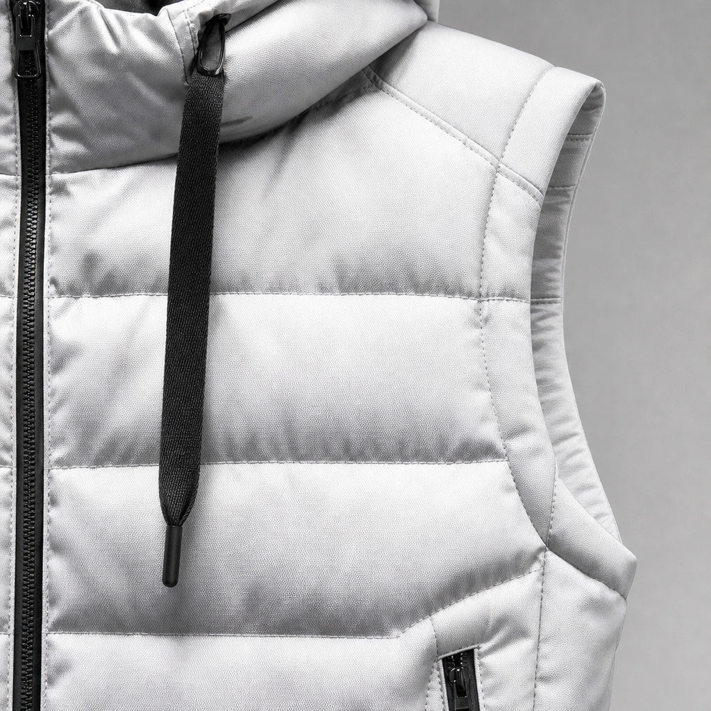 Insulated Vest Detachable Hood White – Fabric and Detail Close-Up