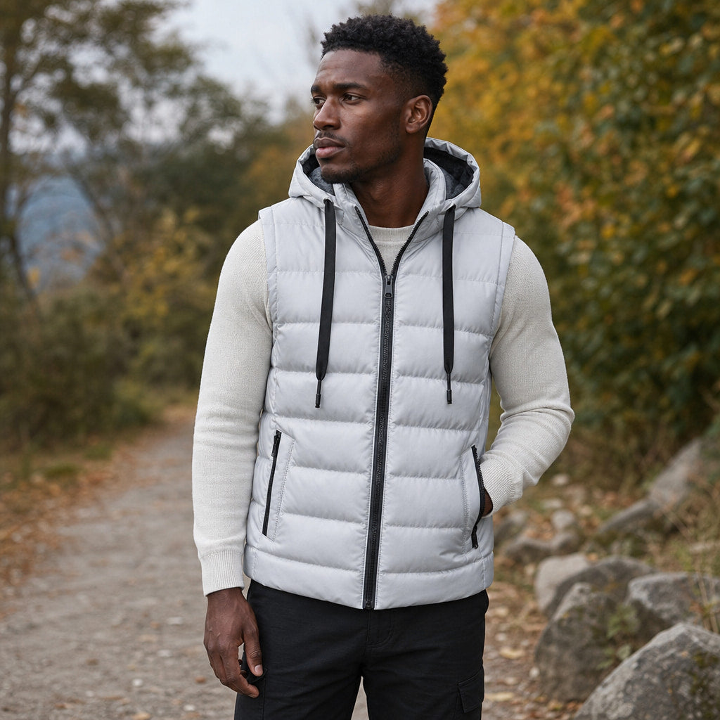 Insulated Vest Detachable Hood White – Styled Editorial Shot