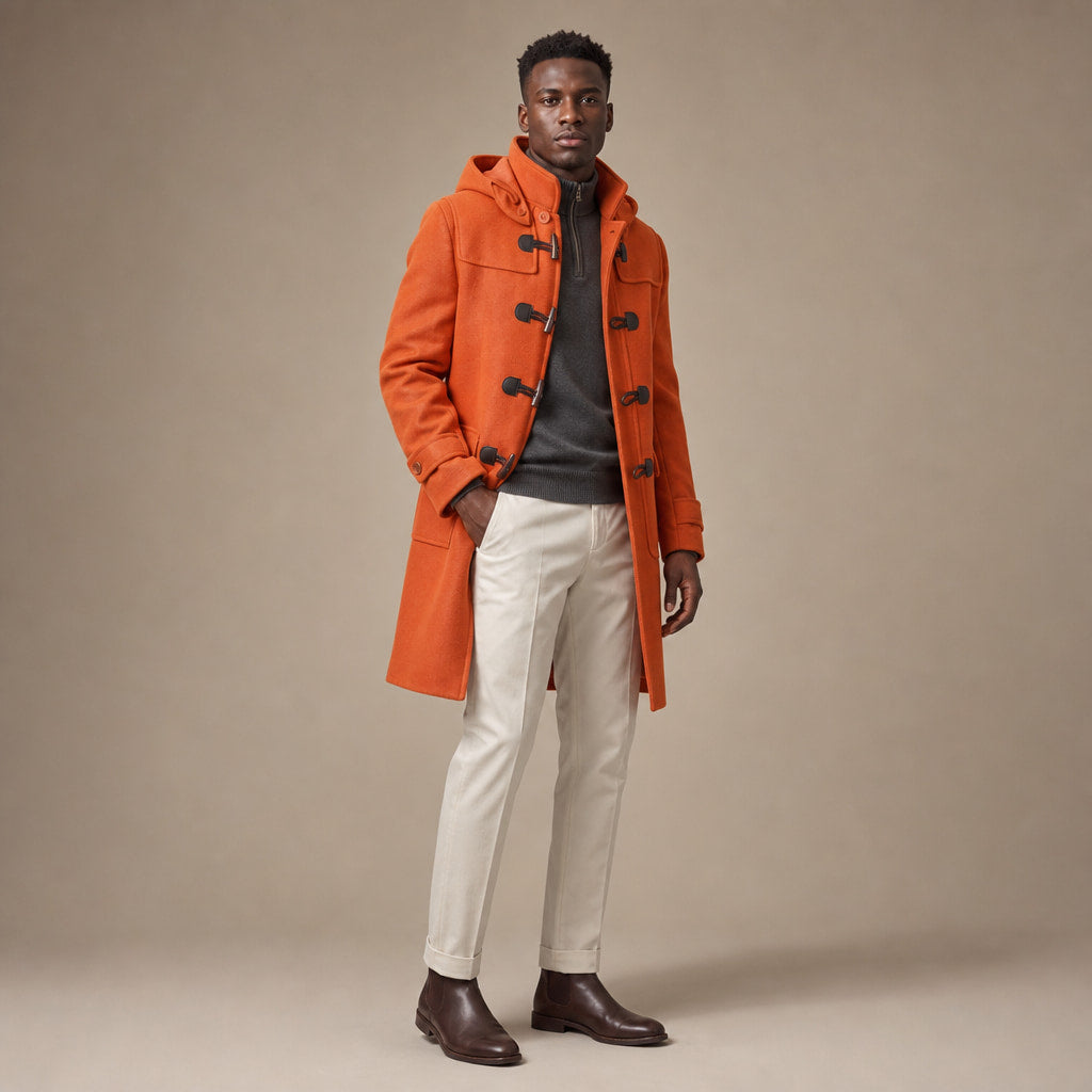 Musefire Orange Wool Duffle Coat with Hood For Men Orange – Side Angle View