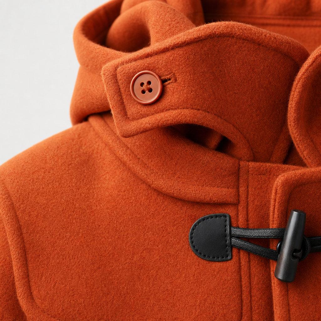 Musefire Orange Wool Duffle Coat with Hood For Men Orange – Fabric and Detail Close-Up