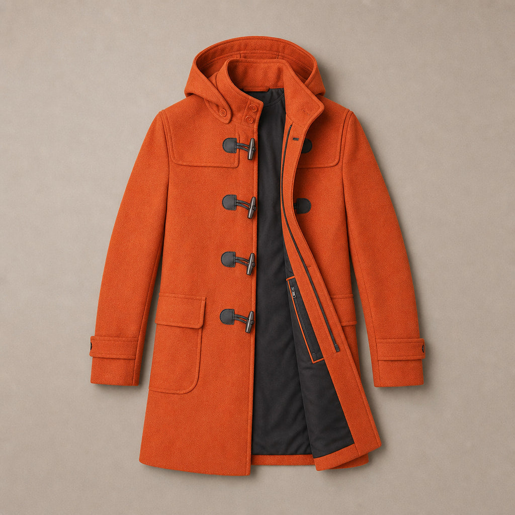 Musefire Orange Wool Duffle Coat with Hood For Men Orange – Flat Lay Product Photo