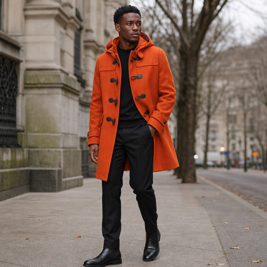 Musefire Orange Wool Duffle Coat with Hood For Men Orange – Styled Editorial Shot