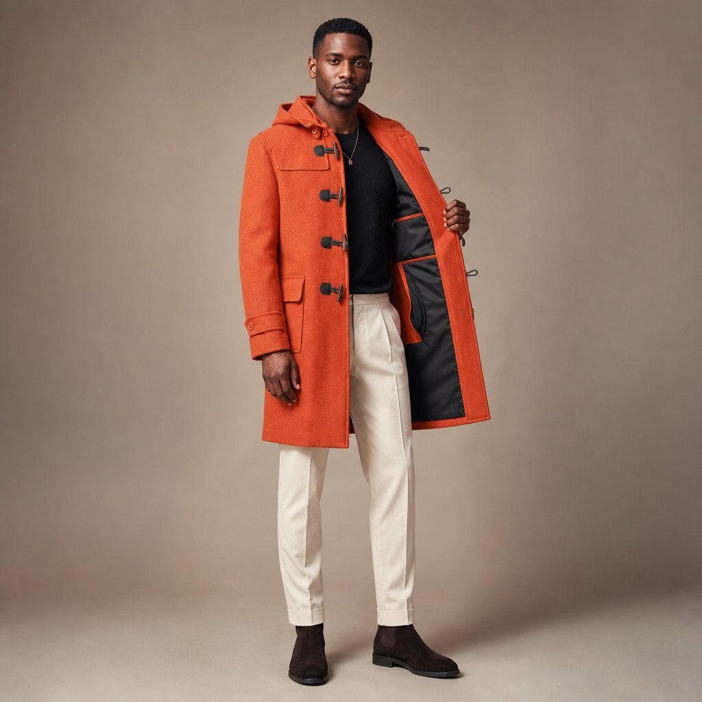 Musefire Orange Wool Duffle Coat with Hood For Men Orange – Interior Lining Detail