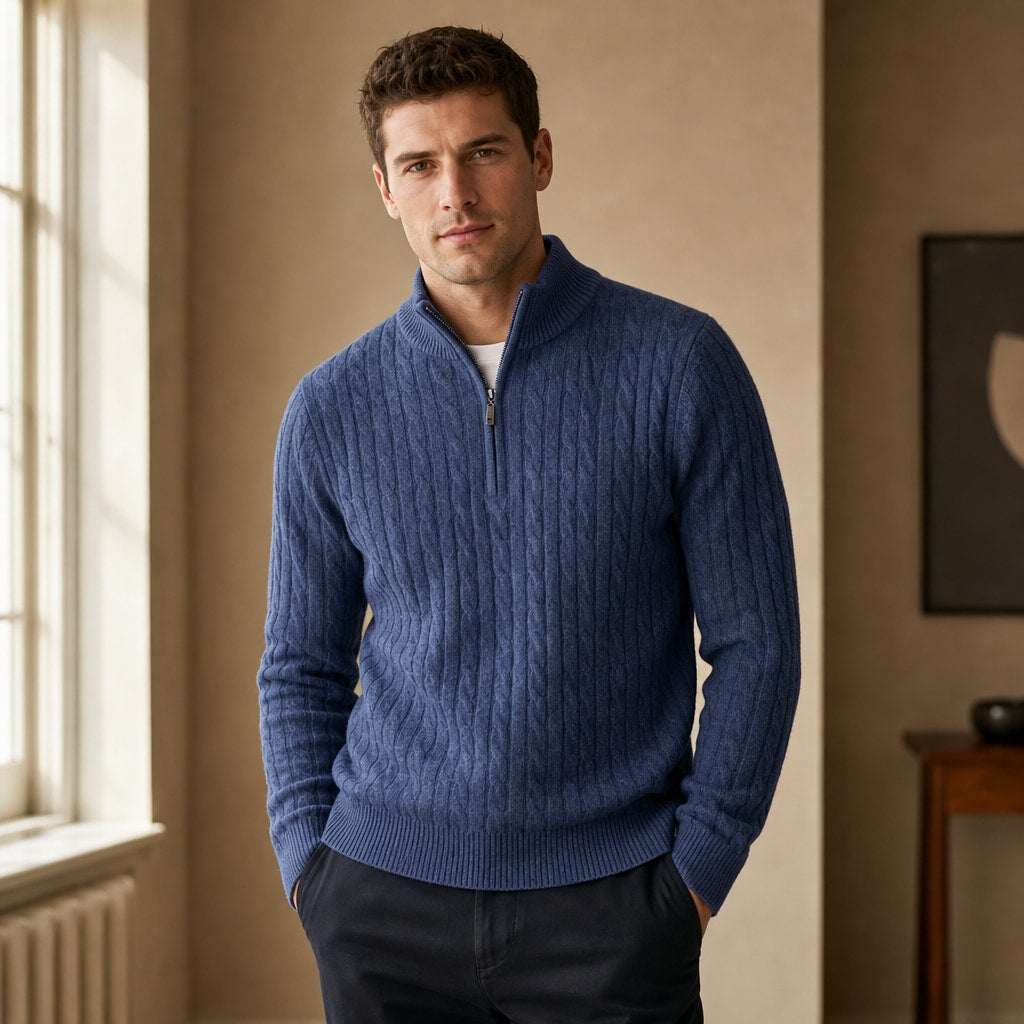 Nantucket Knit Quarter Zip Midnight Navy – Styled Editorial Shot